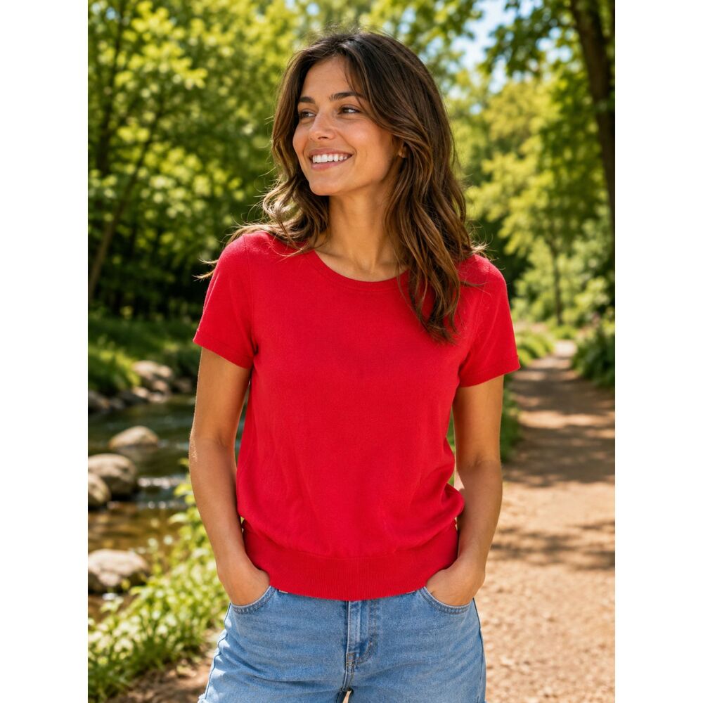 Lands End Womens Size Small Red Supima Cotton Blend Short Sleeve Sweater Top